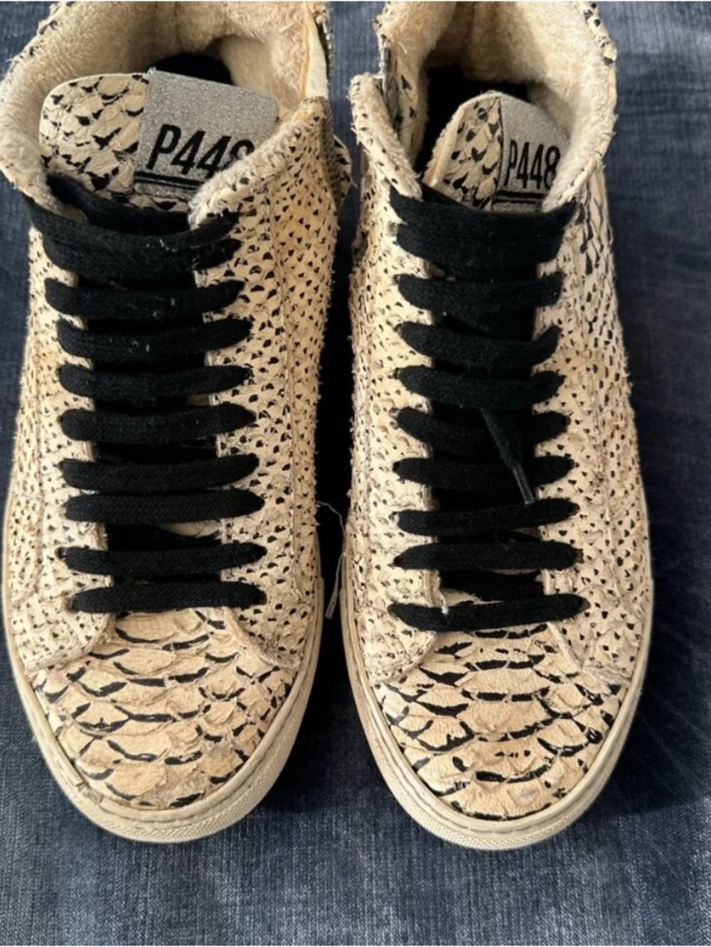 P448 Womens High-Top Sneakers in Cream with Black Laces - Picture 2 of 2